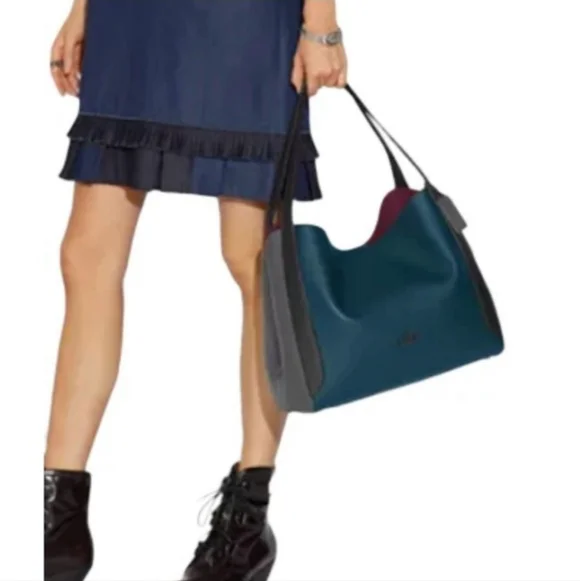 Coach Hadley Colorblock Peacock Blue and Black Shoulder Bag - Picture 2 of 7